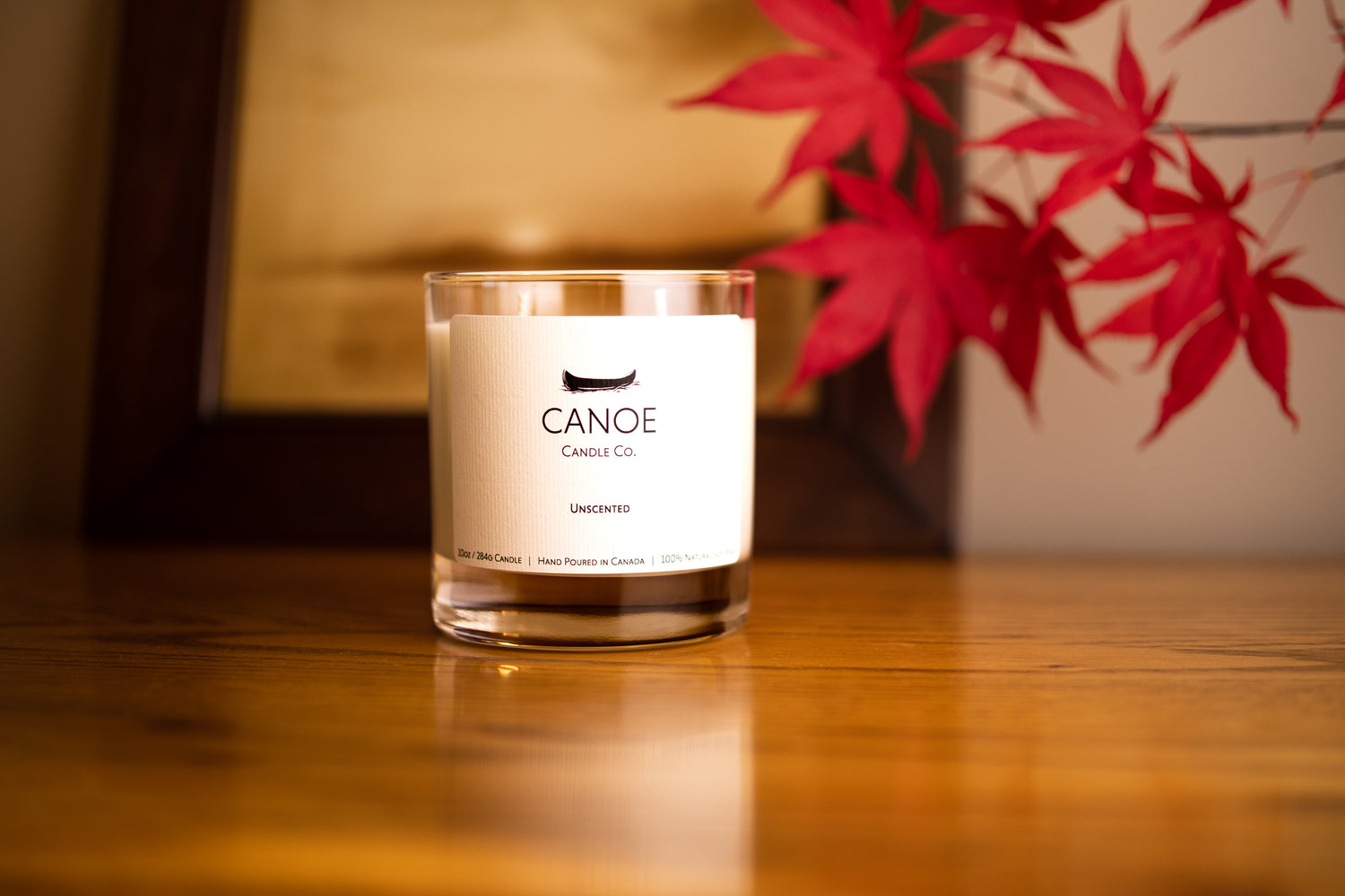 CANOE Candle Co's Unscented Soy Wax 10oz candle on a wood counter with leaves and a framed picture in the background.